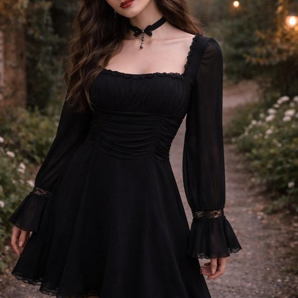 VTG Y2K Dark Coquette Milkmaid Whimsigoth Vamp Witchy Silk Babydoll Midi Dress 8